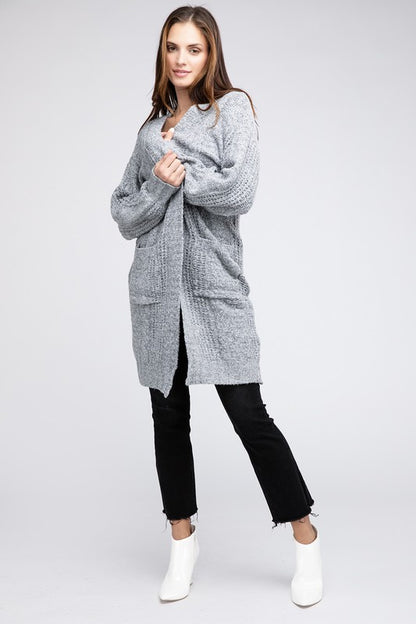 Twist Knitted Open Front Cardigan With Pockets