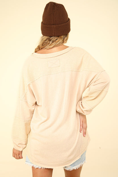 Washed V-Neck Exposed Seam Knit Top