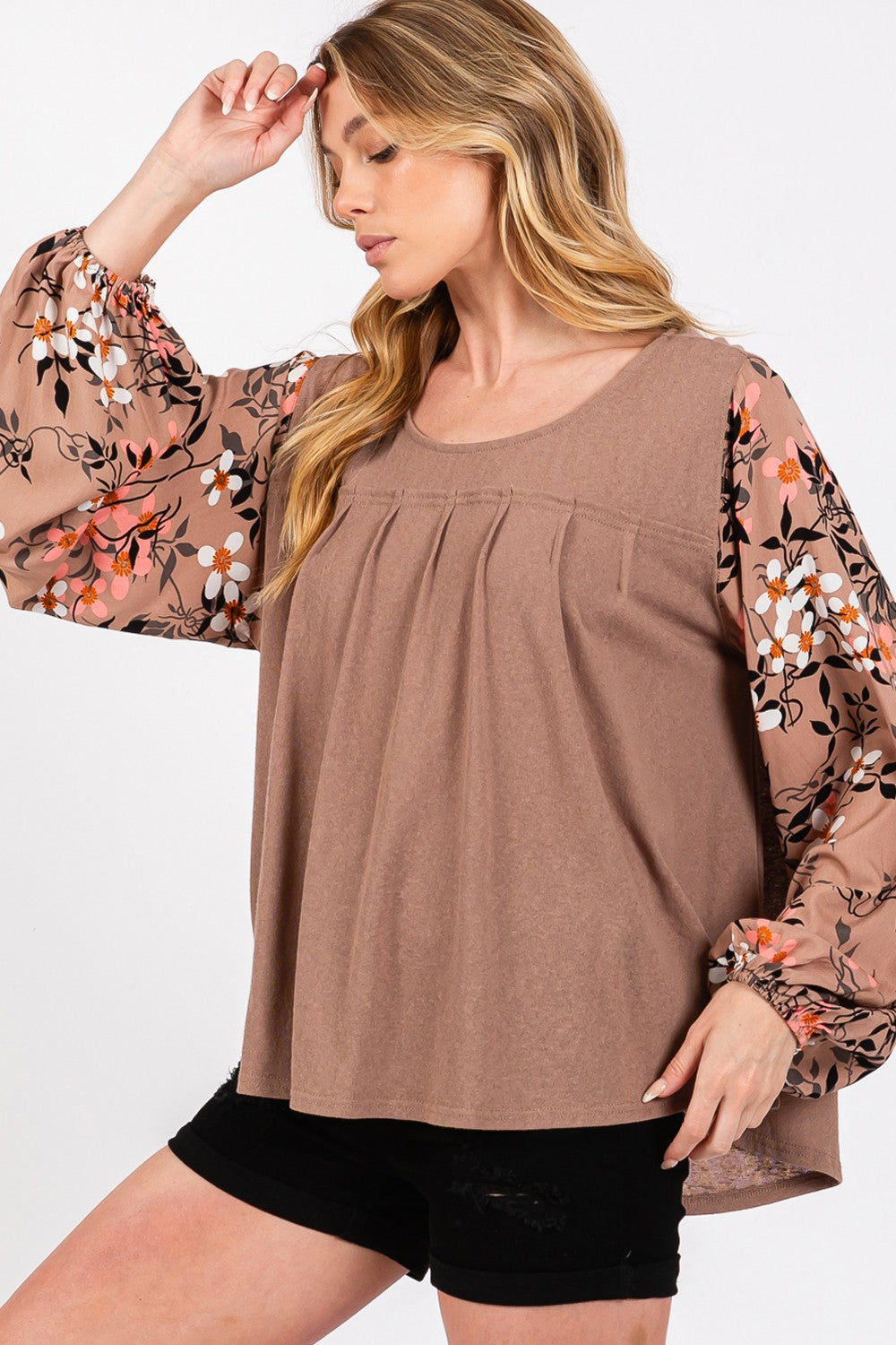 Floral Long Sleeve Front Pleated Detail Blouse Knit Top