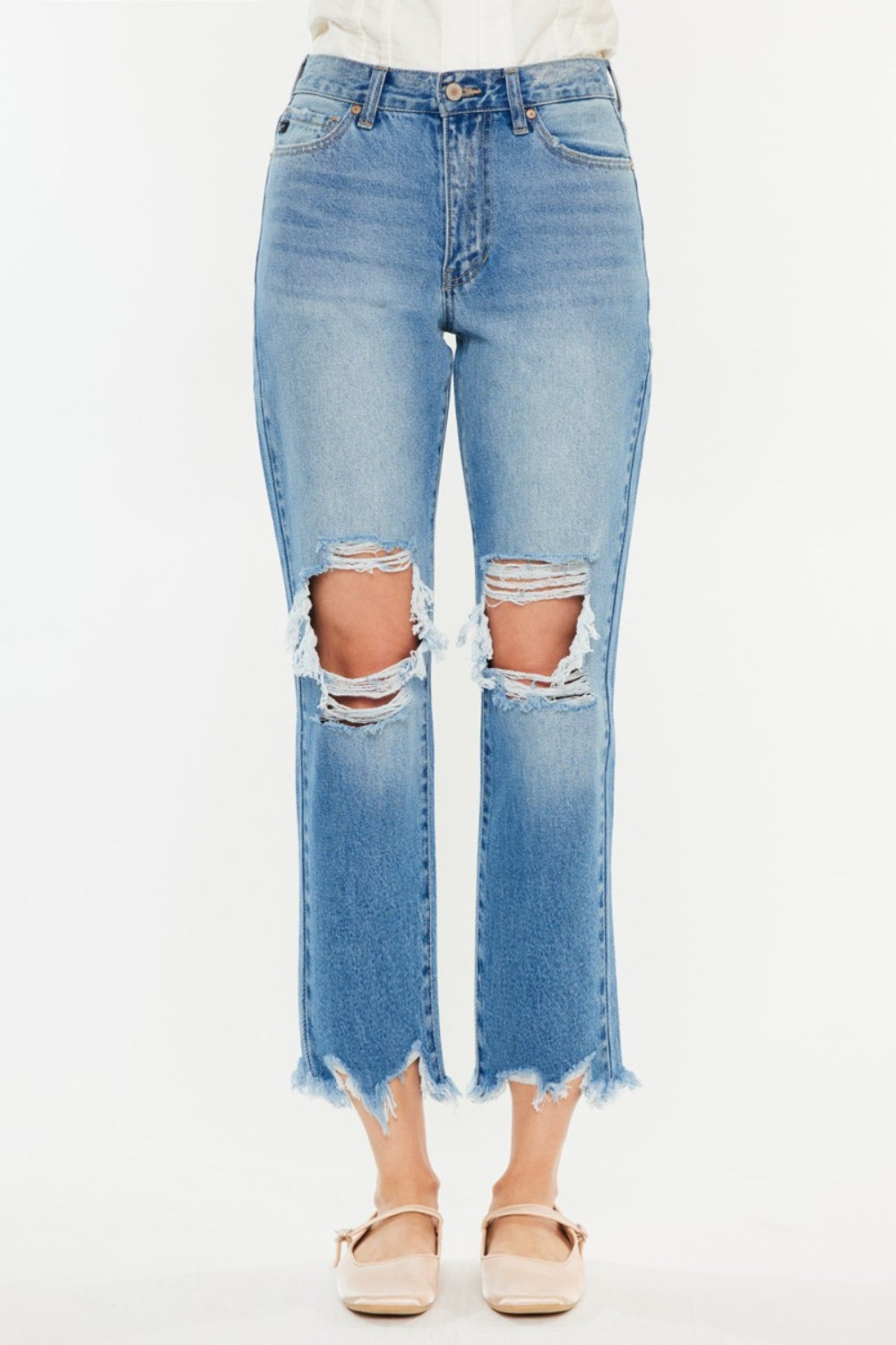 Kancan Distressed Frayed Hem Cropped Straight Jeans