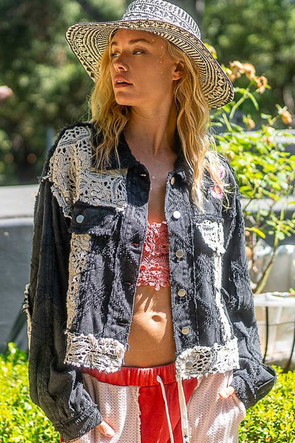 Crochet Patch Embroidered Button Up Jacket