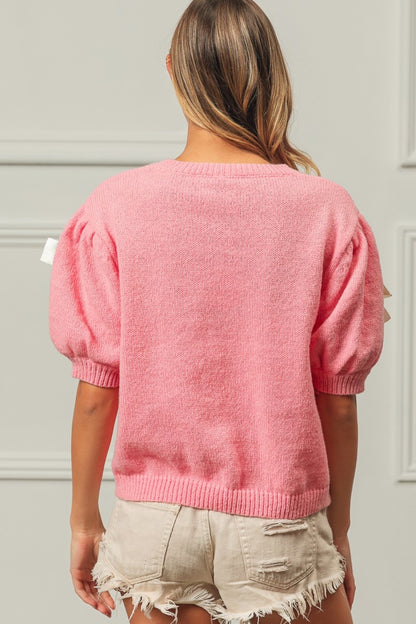 Ribbon Bow Detail Puff Sleeve Sweater