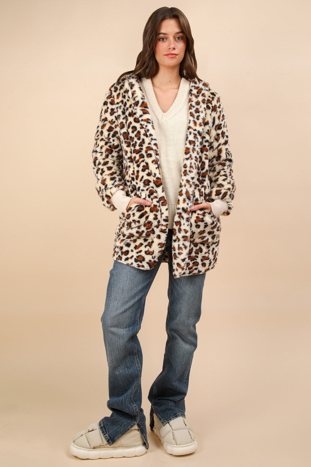 Fuzzy Leopard Long Sleeve Hooded Jacket