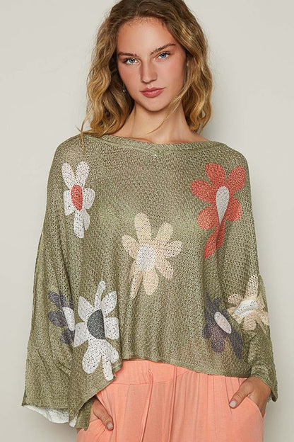 Flower Dropped Shoulder Long Sleeve Knit Top