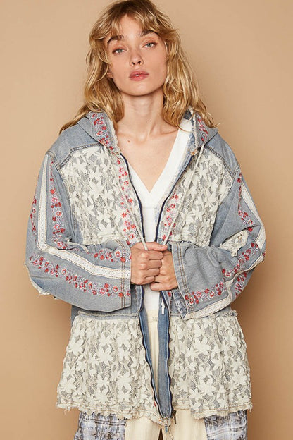 Embroidered Lace Patch Zip Up Hooded Jacket